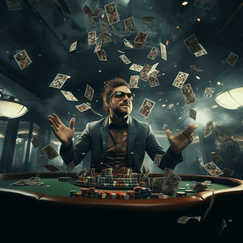 Poker player after a big win surrounded by money flying in the air.