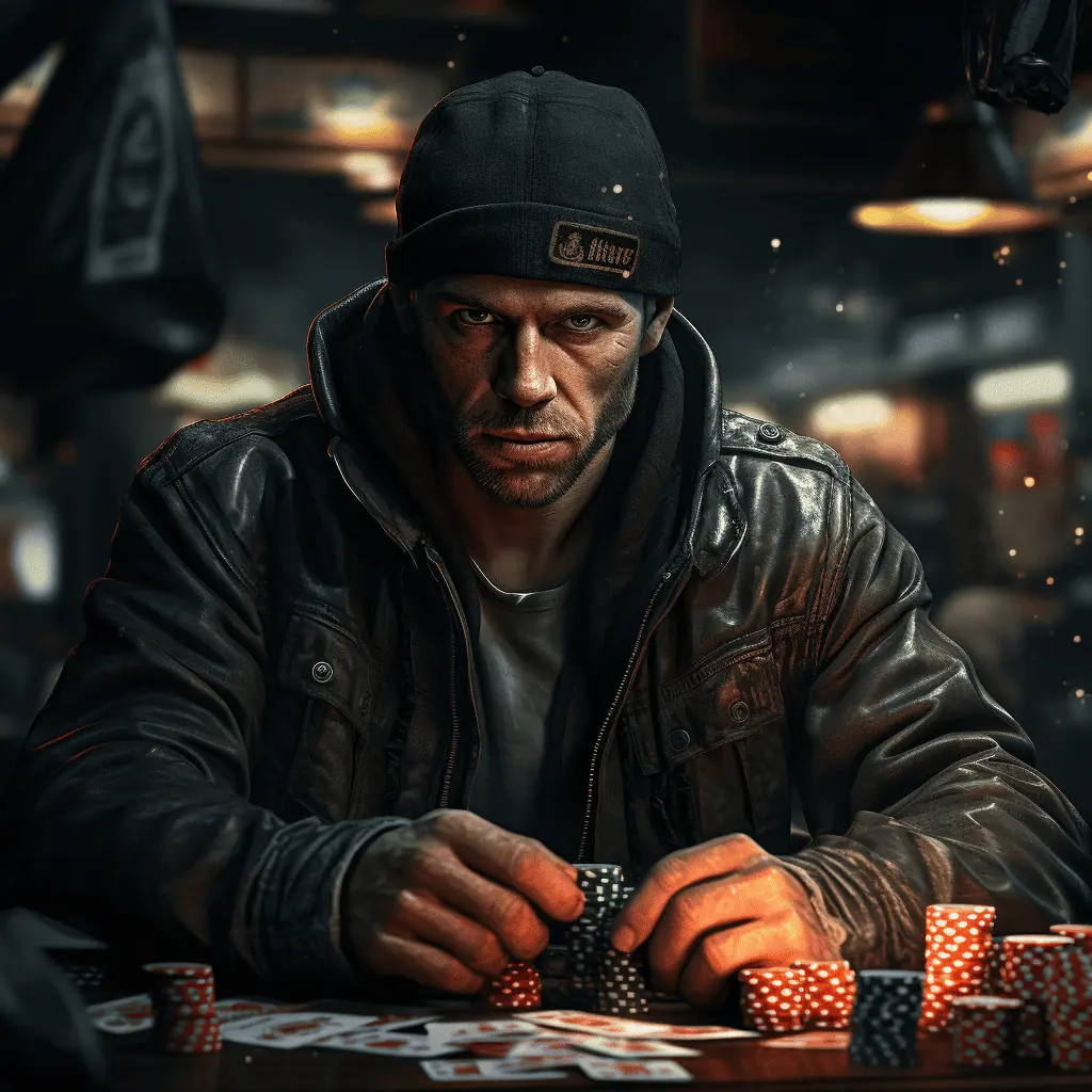 Suspicious poker player holding chips and cards.